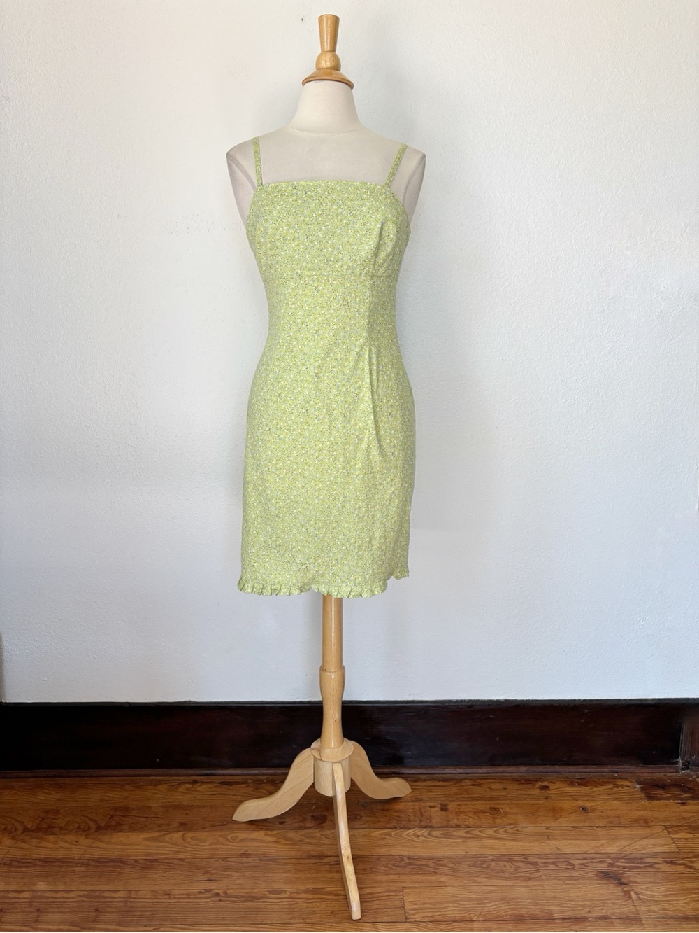 Vintage 90s Light Green Floral Slip Mini Dress with Ruffle Hem